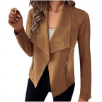Draped Open-Front Jacket Women's Suede Long Sleeve Waterfall Lapel Blazer – Casual, Office