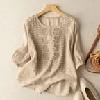 Embroidered Linen Blouse Yellow Round Neck Half Sleeve Women's Top – Casual, Office