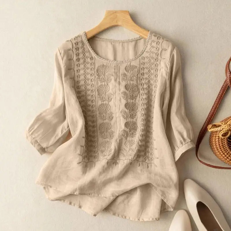 Embroidered Linen Blouse Yellow Round Neck Half Sleeve Women's Top – Casual, Office