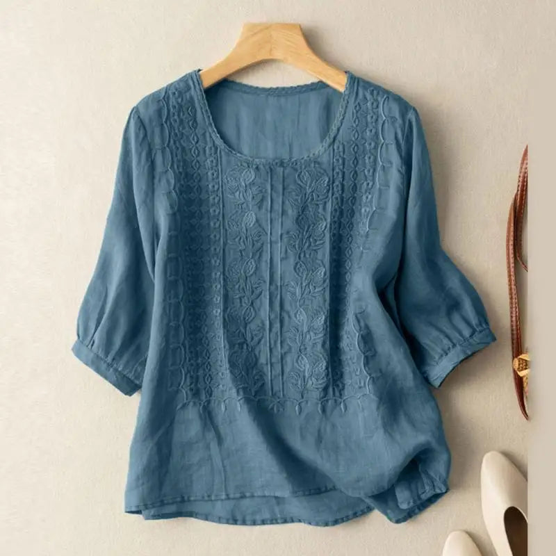Embroidered Linen Blouse Yellow Round Neck Half Sleeve Women's Top – Casual, Office