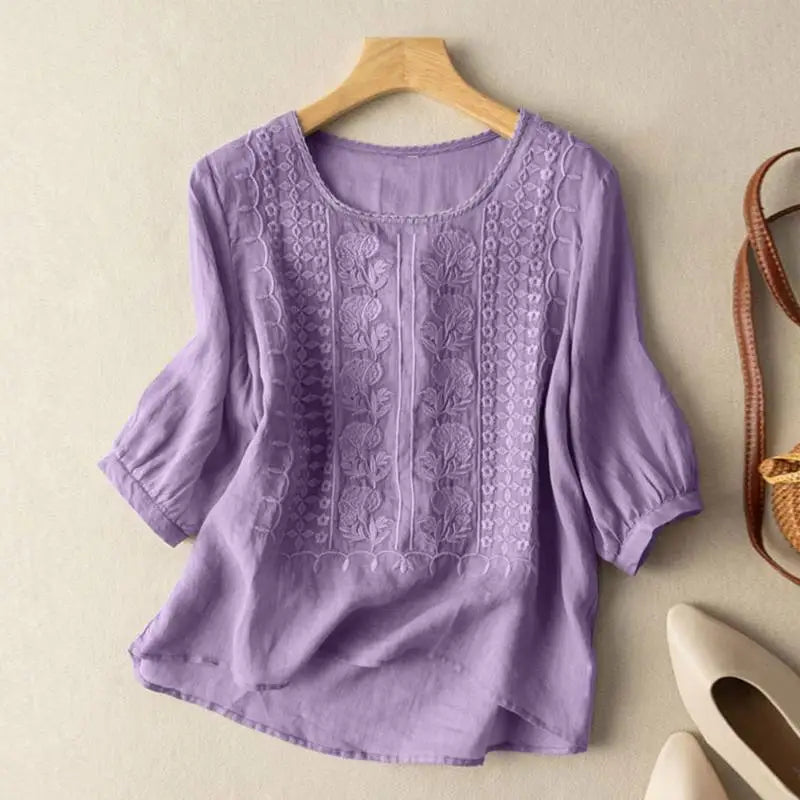 Embroidered Linen Blouse Yellow Round Neck Half Sleeve Women's Top – Casual, Office