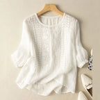 Embroidered Linen Blouse Yellow Round Neck Half Sleeve Women's Top – Casual, Office