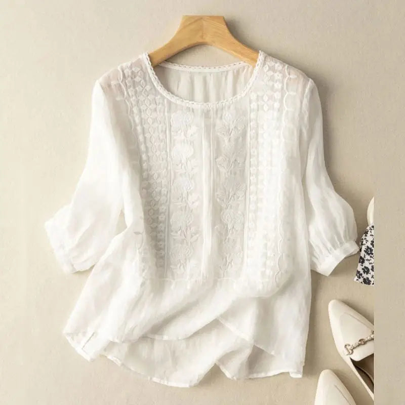 Embroidered Linen Blouse Yellow Round Neck Half Sleeve Women's Top – Casual, Office