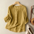 Embroidered Linen Blouse Yellow Round Neck Half Sleeve Women's Top – Casual, Office