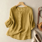 Embroidered Linen Blouse Yellow Round Neck Half Sleeve Women's Top – Casual, Office
