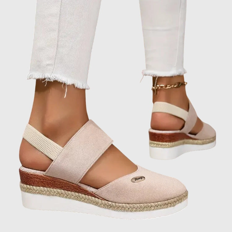 Espadrille Wedge Sandals Beige Closed-Toe Women's Ankle Strap – Casual, Office, Holiday