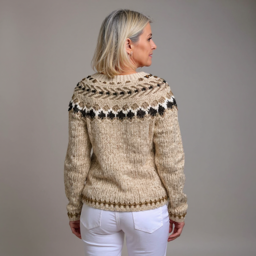 Fair Isle Knit Cardigan Women's Beige Button-Front Chunky Sweater – Casual, Office