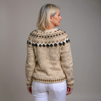 Fair Isle Knit Cardigan Women's Beige Button-Front Chunky Sweater – Casual, Office