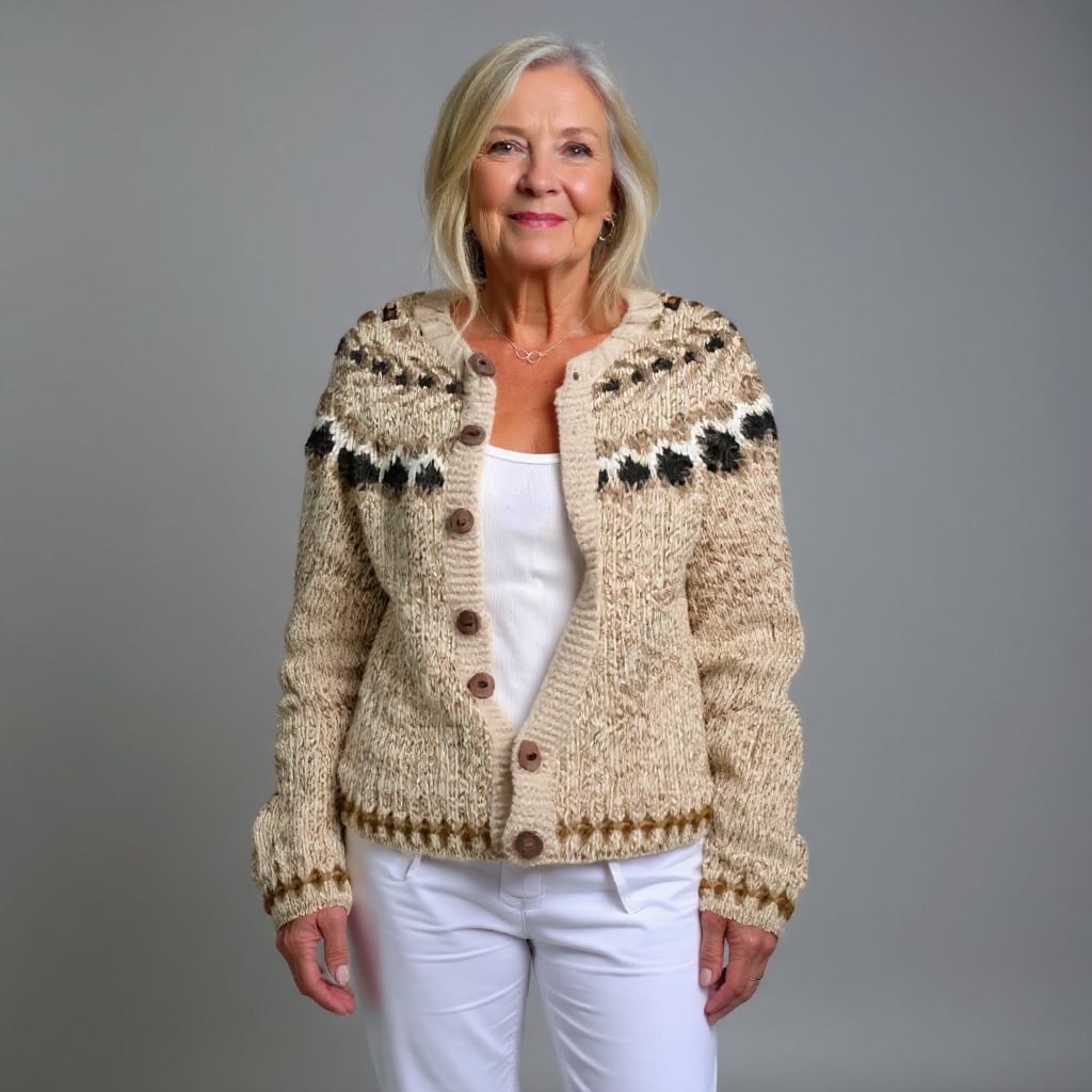 Fair Isle Knit Cardigan Women's Beige Button-Front Chunky Sweater – Casual, Office