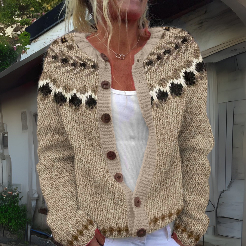 Fair Isle Knit Cardigan Women's Beige Button-Front Chunky Sweater – Casual, Office
