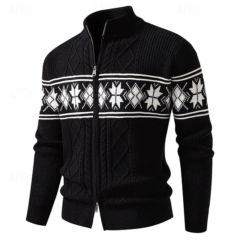 Fair Isle Zip Cardigan Men's Cable Knit Stand Collar Sweater – Casual, Winter Gift