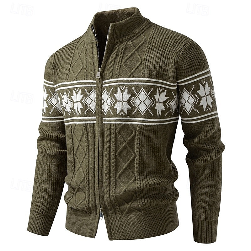 Fair Isle Zip Cardigan Men's Cable Knit Stand Collar Sweater – Casual, Winter Gift