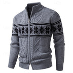 Fair Isle Zip Cardigan Men's Cable Knit Stand Collar Sweater – Casual, Winter Gift