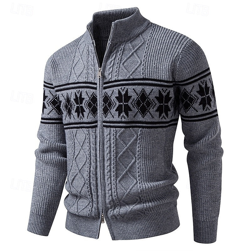 Fair Isle Zip Cardigan Men's Cable Knit Stand Collar Sweater – Casual, Winter Gift