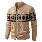 Fair Isle Zip Cardigan Men's Cable Knit Stand Collar Sweater – Casual, Winter Gift