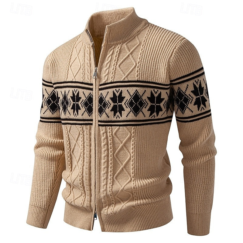 Fair Isle Zip Cardigan Men's Cable Knit Stand Collar Sweater – Casual, Winter Gift