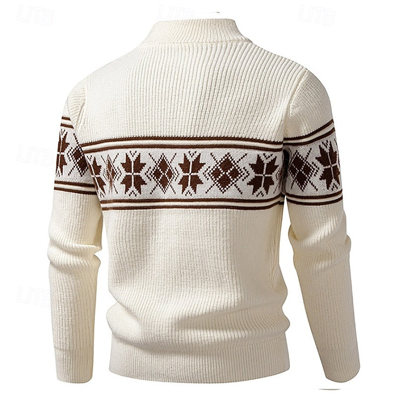 Fair Isle Zip Cardigan Men's Cable Knit Stand Collar Sweater – Casual, Winter Gift