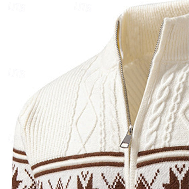 Fair Isle Zip Cardigan Men's Cable Knit Stand Collar Sweater – Casual, Winter Gift