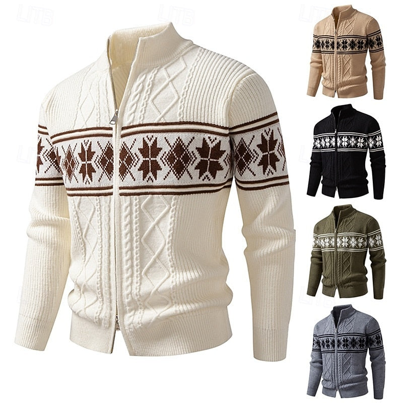 Fair Isle Zip Cardigan Men's Cable Knit Stand Collar Sweater – Casual, Winter Gift