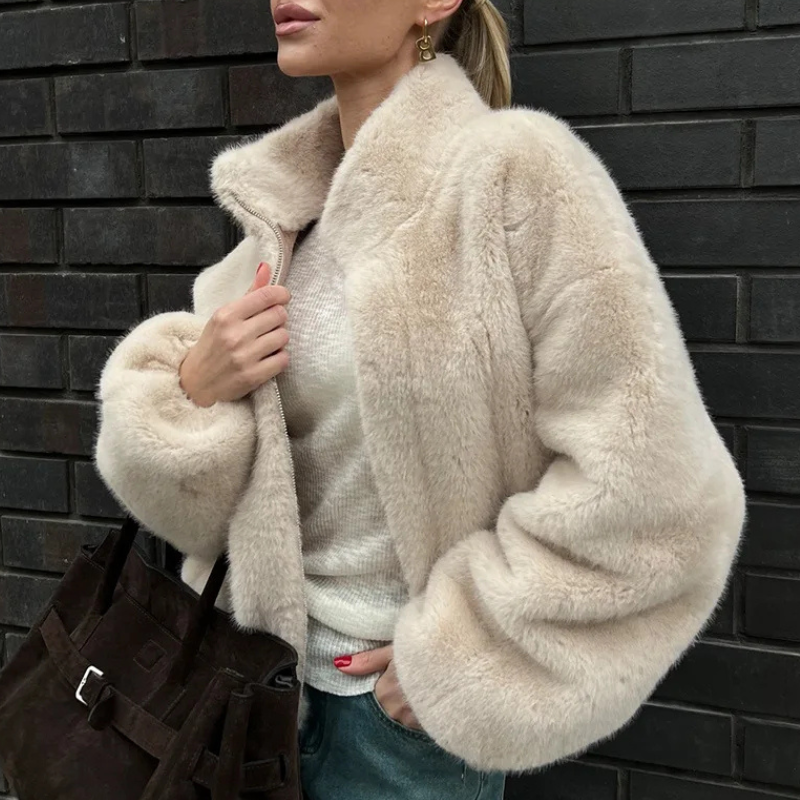 Faux Fur Bomber Jacket Women's Cropped Zip-Up High Collar Coat – Casual, Winter, Office, Gift