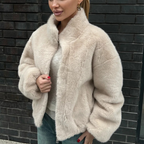 Faux Fur Bomber Jacket Women's Cropped Zip-Up High Collar Coat – Casual, Winter, Office, Gift