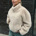 Faux Fur Bomber Jacket Women's Cropped Zip-Up High Collar Coat – Casual, Winter, Office, Gift