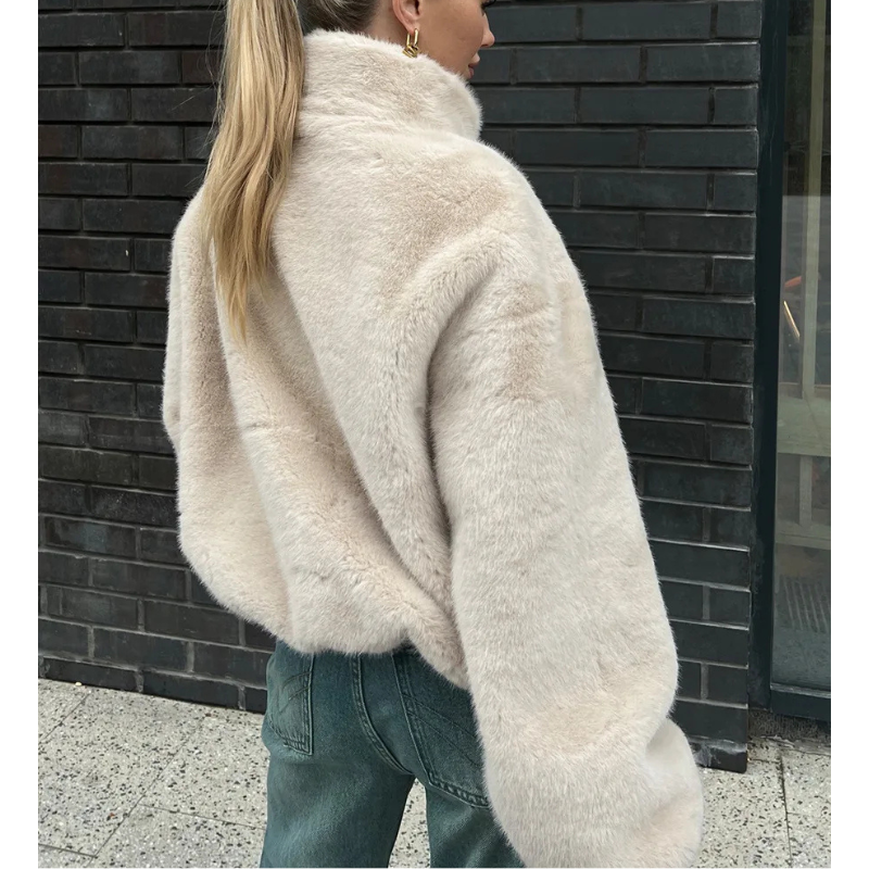 Faux Fur Bomber Jacket Women's Cropped Zip-Up High Collar Coat – Casual, Winter, Office, Gift