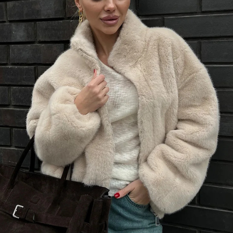 Faux Fur Bomber Jacket Women's Cropped Zip-Up High Collar Coat – Casual, Winter, Office, Gift