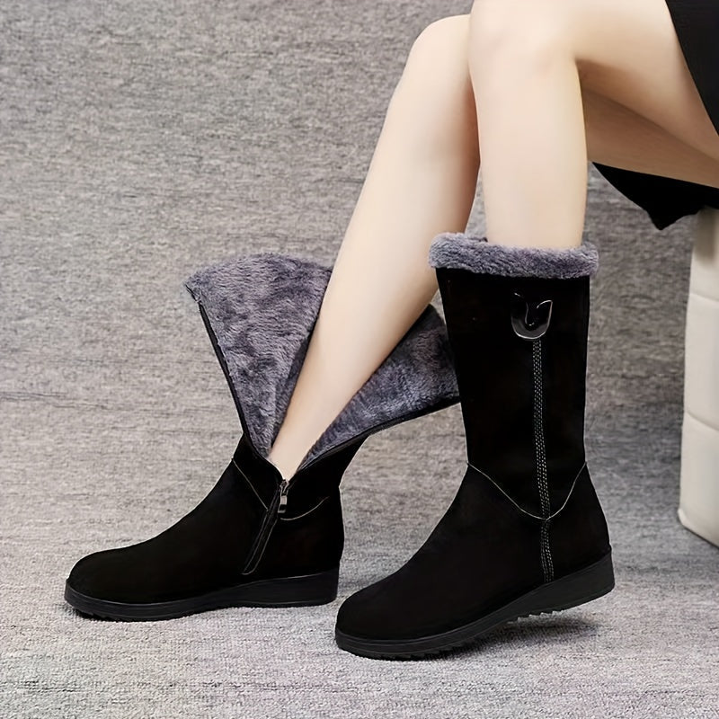 Faux Fur Cuffed Snow Boots Women's Mid-Calf Suede-Look Winter Boots – Casual, Cold Weather