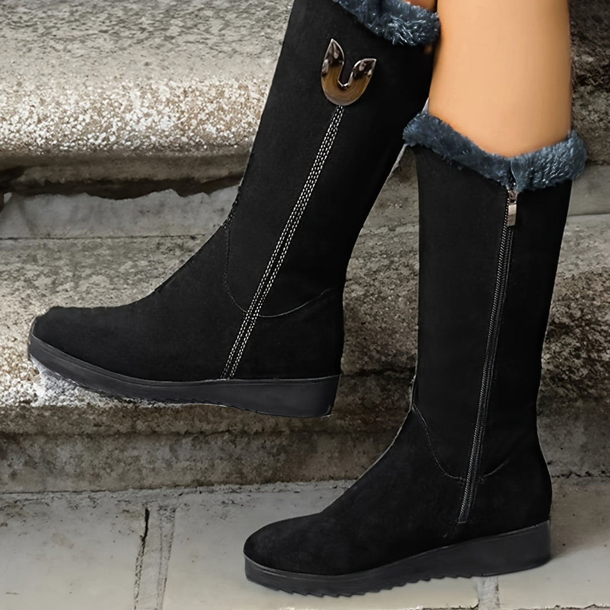 Faux Fur Cuffed Snow Boots Women's Mid-Calf Suede-Look Winter Boots – Casual, Cold Weather