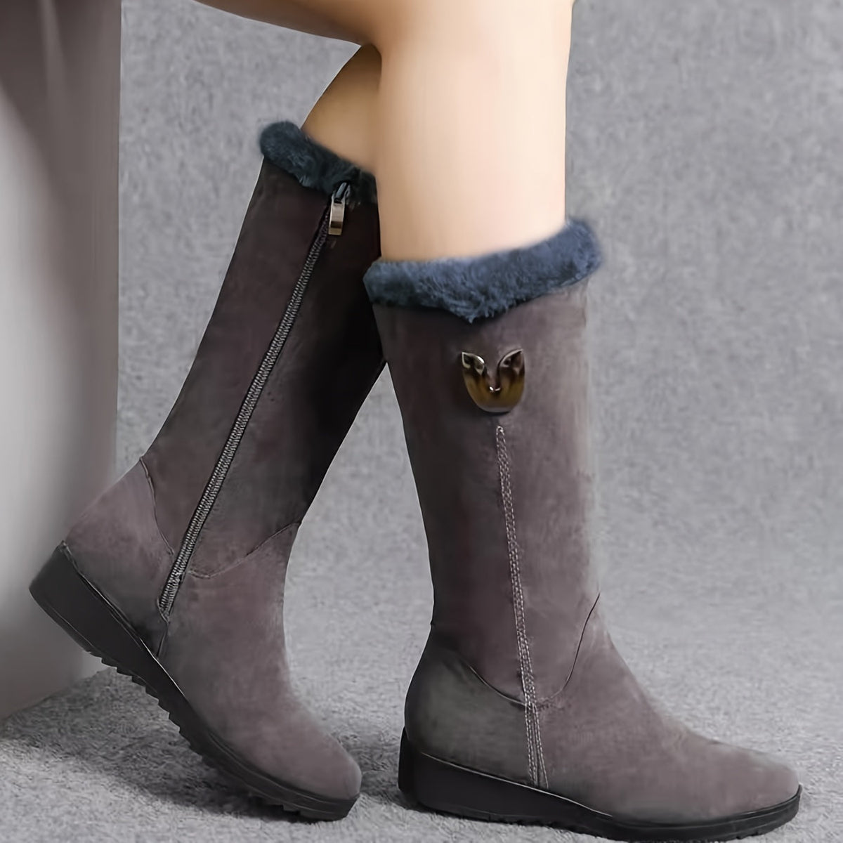Faux Fur Cuffed Snow Boots Women's Mid-Calf Suede-Look Winter Boots – Casual, Cold Weather