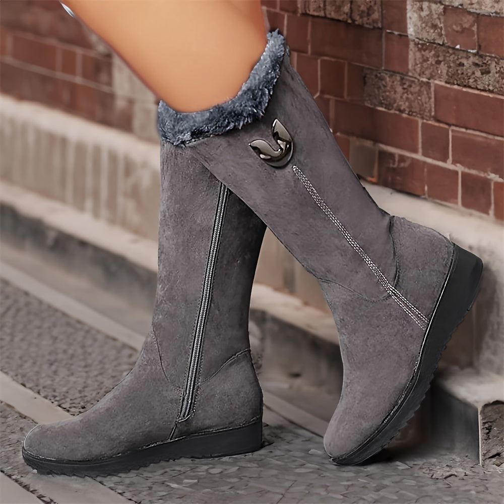 Faux Fur Cuffed Snow Boots Women's Mid-Calf Suede-Look Winter Boots – Casual, Cold Weather