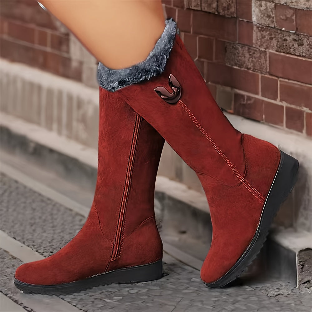 Faux Fur Cuffed Snow Boots Women's Mid-Calf Suede-Look Winter Boots – Casual, Cold Weather