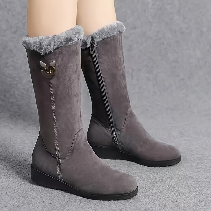 Faux Fur Cuffed Snow Boots Women's Mid-Calf Suede-Look Winter Boots – Casual, Cold Weather