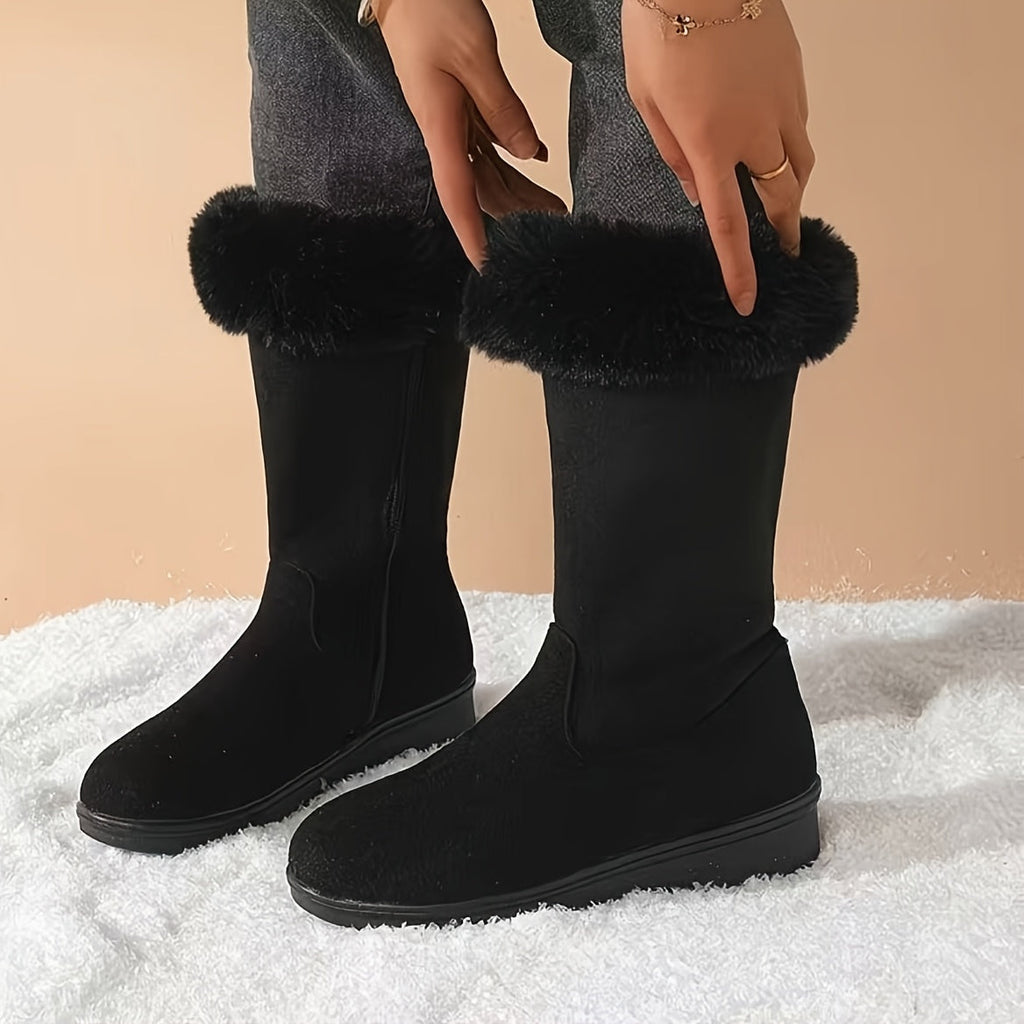 Faux Fur Cuffed Snow Boots Women's Mid-Calf Suede-Look Winter Boots – Casual, Cold Weather