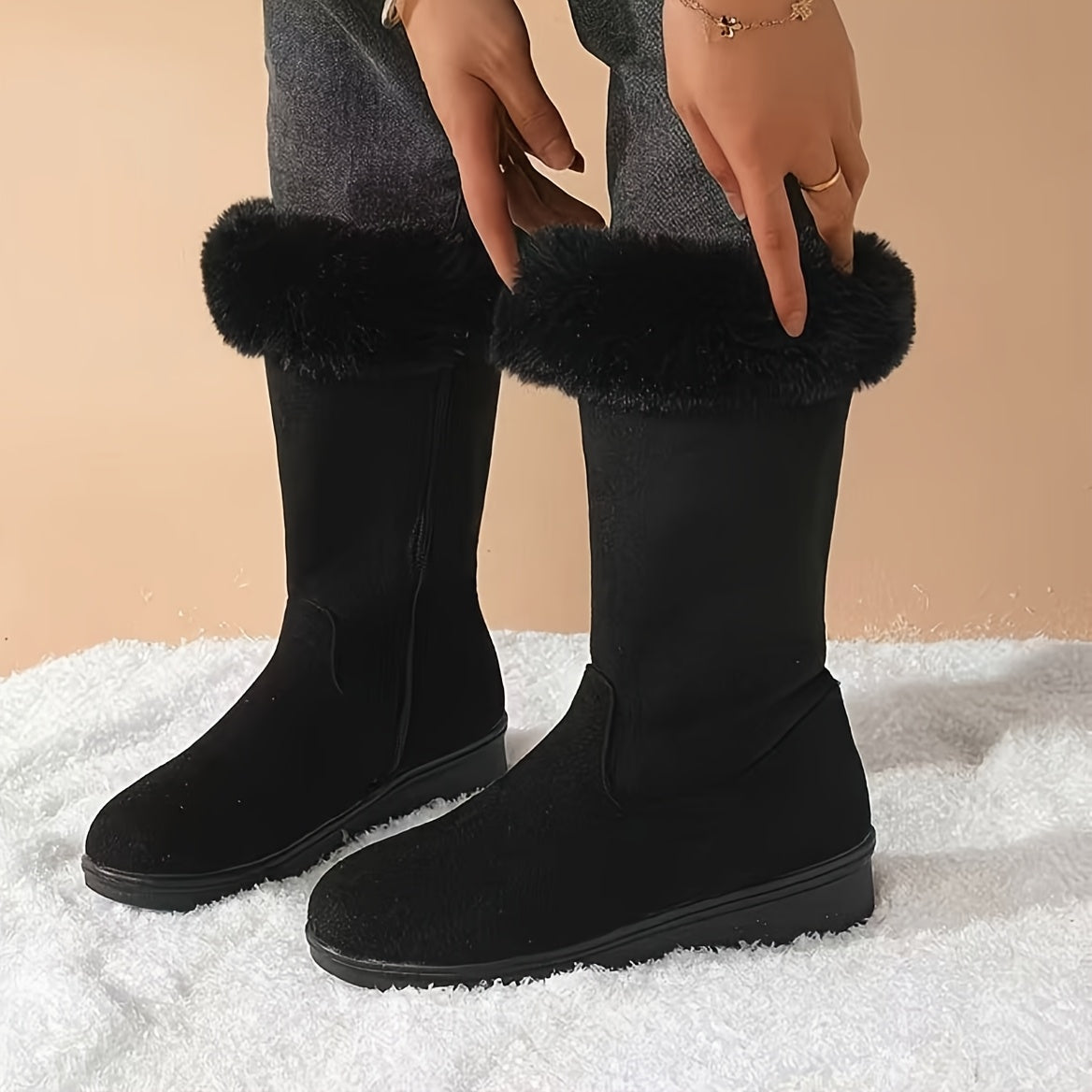 Faux Fur Cuffed Snow Boots Women's Mid-Calf Suede-Look Winter Boots – Casual, Cold Weather