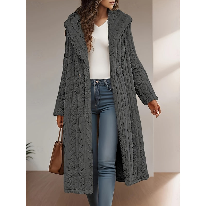 Faux Fur Hooded Longline Coat Women's Textured Long Overcoat with Hood – Casual, Winter Outerwear, Gift