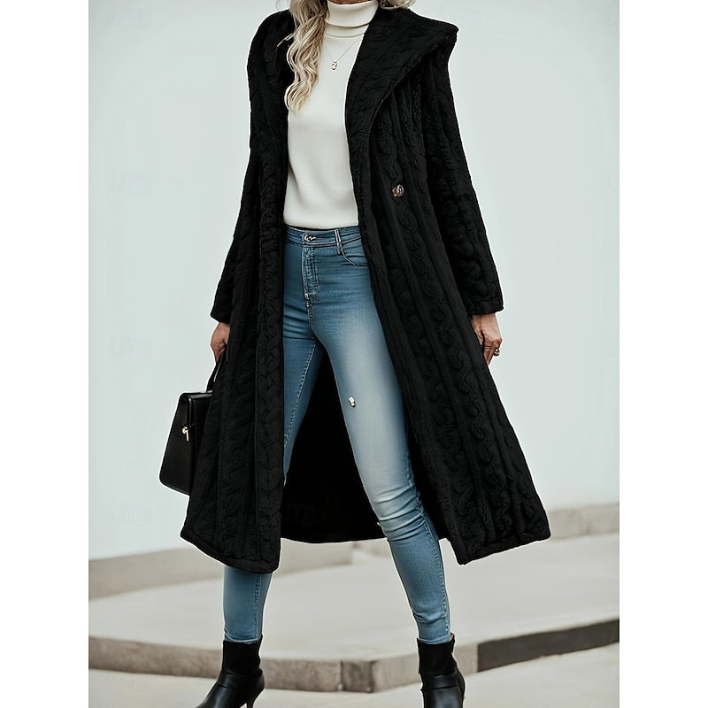 Faux Fur Hooded Longline Coat Women's Textured Long Overcoat with Hood – Casual, Winter Outerwear, Gift
