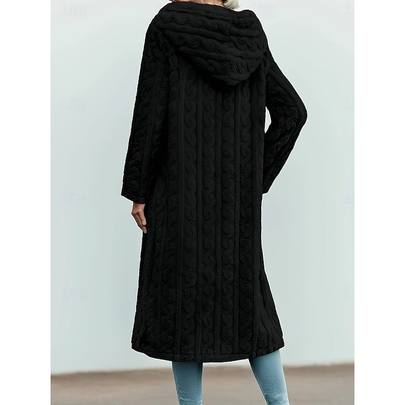 Faux Fur Hooded Longline Coat Women's Textured Long Overcoat with Hood – Casual, Winter Outerwear, Gift