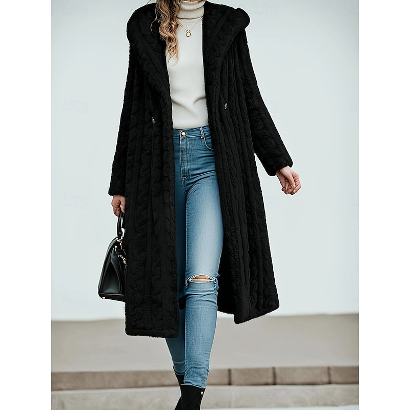 Faux Fur Hooded Longline Coat Women's Textured Long Overcoat with Hood – Casual, Winter Outerwear, Gift
