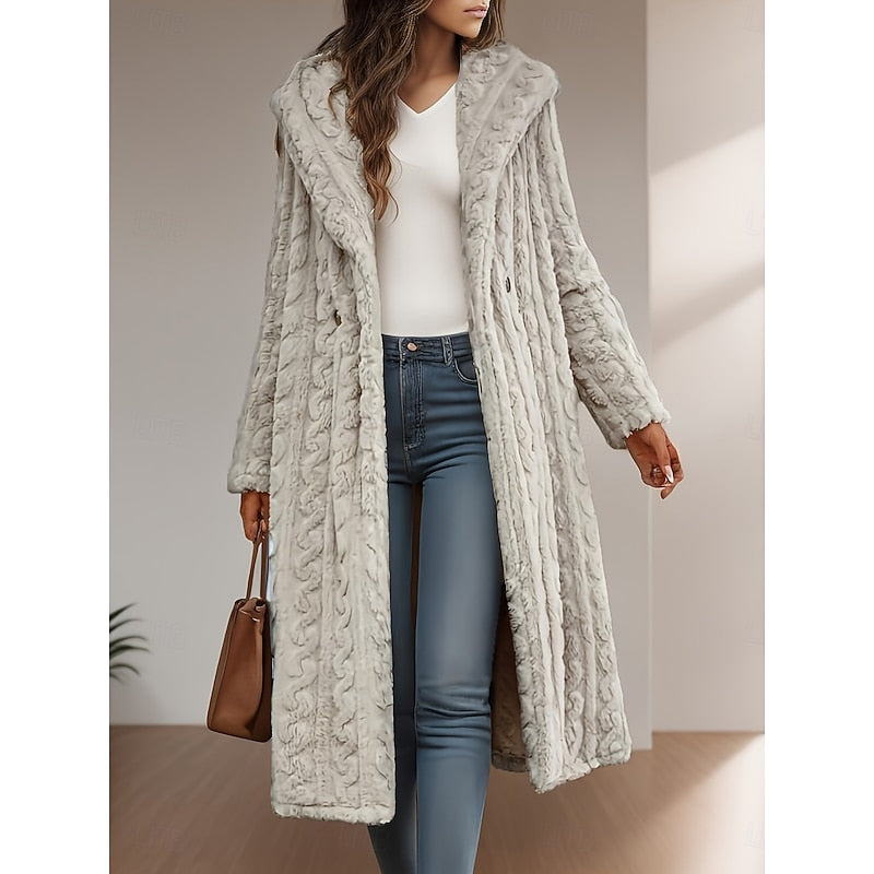 Faux Fur Hooded Longline Coat Women's Textured Long Overcoat with Hood – Casual, Winter Outerwear, Gift