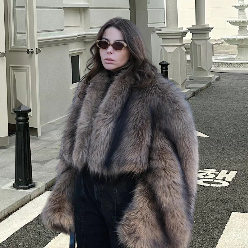 Faux Fur Jacket Women's Oversized Cropped Shawl Collar Brown – Casual, Office, Holiday, Gift
