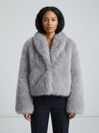 Faux Fur Jacket Women's Oversized Cropped Shawl Collar Brown – Casual, Office, Holiday, Gift