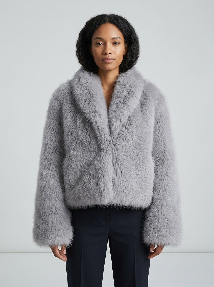 Faux Fur Jacket Women's Oversized Cropped Shawl Collar Brown – Casual, Office, Holiday, Gift