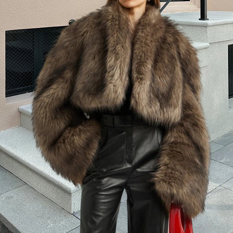 Faux Fur Jacket Women's Oversized Cropped Shawl Collar Brown – Casual, Office, Holiday, Gift