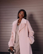 Faux Fur Teddy Coat Women's Belted Long Wide Notch Collar – Winter, Office, Casual, Gift
