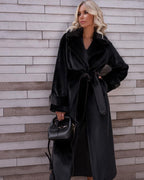 Faux Fur Teddy Coat Women's Belted Long Wide Notch Collar – Winter, Office, Casual, Gift