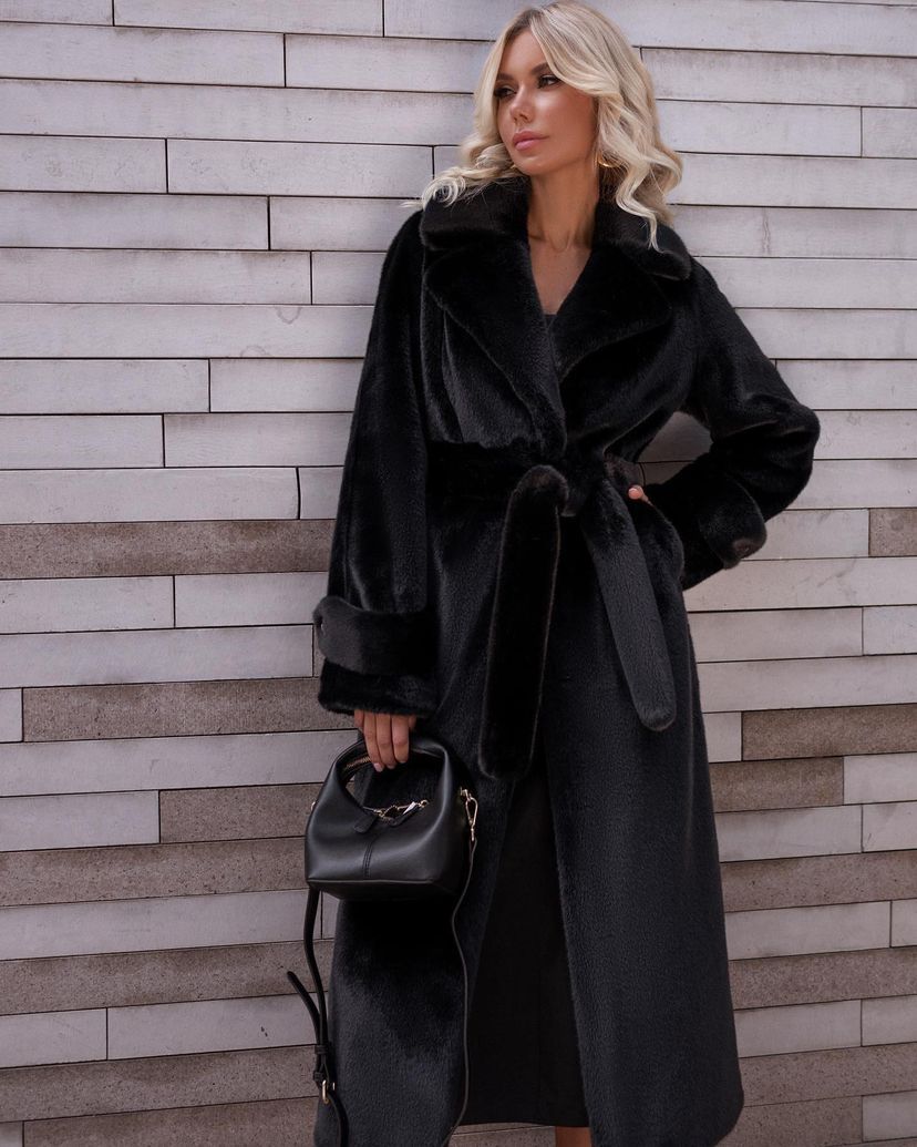 Faux Fur Teddy Coat Women's Belted Long Wide Notch Collar – Winter, Office, Casual, Gift