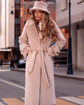 Faux Fur Teddy Coat Women's Belted Long Wide Notch Collar – Winter, Office, Casual, Gift