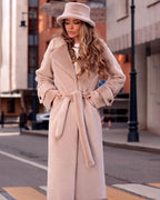 Faux Fur Teddy Coat Women's Belted Long Wide Notch Collar – Winter, Office, Casual, Gift